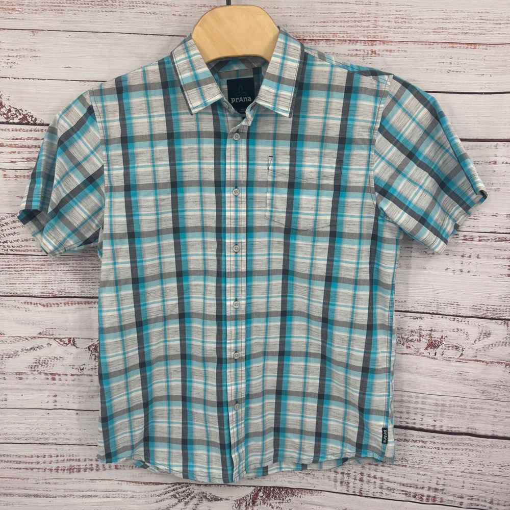 Prana Shirt Mens Large Plaid Short Sleeve Button Up Organic Cotton Blend